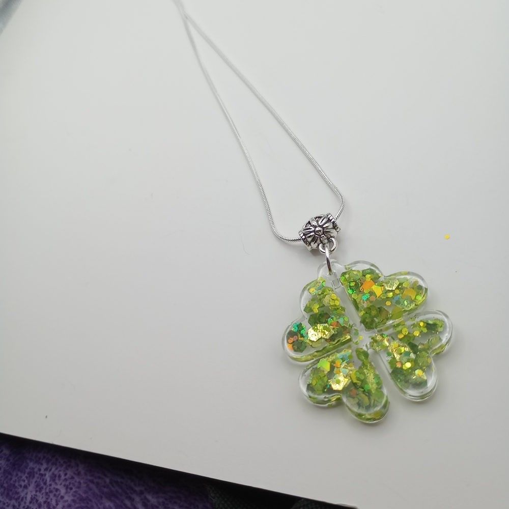 Silver Necklace with Green Glitter Four-Leaf Clover Pendant